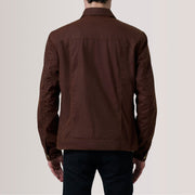 Detailansicht of Classic Collar &amp; Snap Button Hardware on Colberto Braun Waxed Canvas Trucker Lederjacke für Herren For Men
