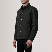 Colberto Olive Waxed Canvas Trucker Lederjacke für Herren For Men - Seitenansicht mit ergonomischem Ärmelschnitt