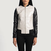 Women's Cole Silver Leder-Bomberjacke für Damen in Silver &amp; Black Sheepskin Leather - Vorderansicht &amp; maßgeschneiderte Silhouette | Online Kaufen