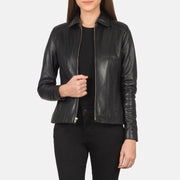 Women Colette Schwarz Lederjacke für Damen in Black Sheepskin Leather - Vorderansicht &amp; maßgeschneiderte Silhouette | Online Kaufen