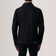 Close-Up Detail of Classic Collar & Heavy-Duty Zipper Hardware on Conard Black Denim Trucker Jacket For Men