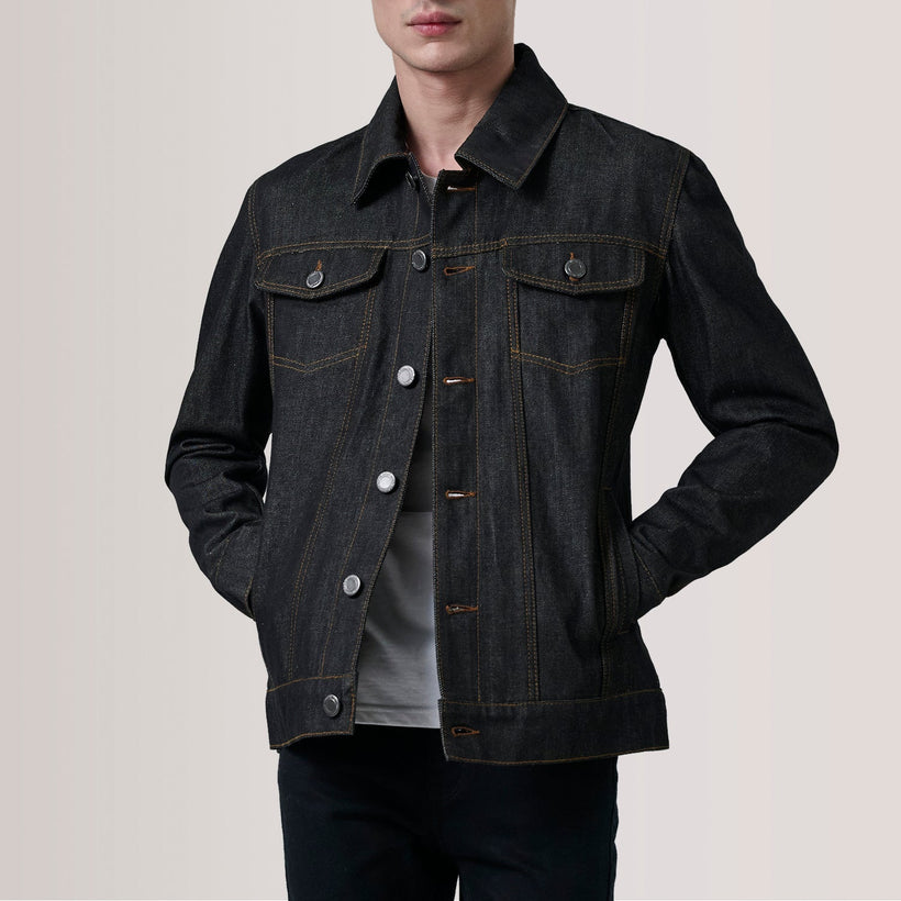 Conard Faded Schwarz Denim Trucker Lederjacke für Herren