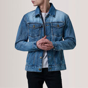 Conard Ice Blau Denim Trucker Lederjacke für Herren For Men in Ice Blue Full-Grain Leather - Vorderansicht &amp; maßgeschneiderte Silhouette | Online Kaufen