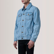 Conard Light Blau Denim Trucker Lederjacke für Herren For Men - Seitenansicht mit ergonomischem Ärmelschnitt