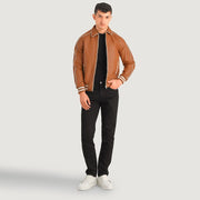 Cooper Hellbraun Braun Leather Varsity Lederjacke für Herren in Tan Brown Sheepskin Leather - Vorderansicht &amp; maßgeschneiderte Silhouette | Online Kaufen