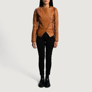 
Detailansicht of Classic Collar & Button Hardware on County Hellbraun Overlap Lederjacke für Damen