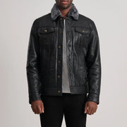 Dallis Schwarz Leather Shearling Trucker Lederjacke für Herren in Black Sheepskin Leather - Vorderansicht &amp; maßgeschneiderte Silhouette | Online Kaufen