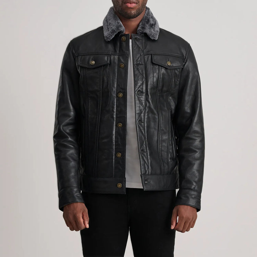 Dallis Schwarz Leather Shearling Trucker Lederjacke für Herren