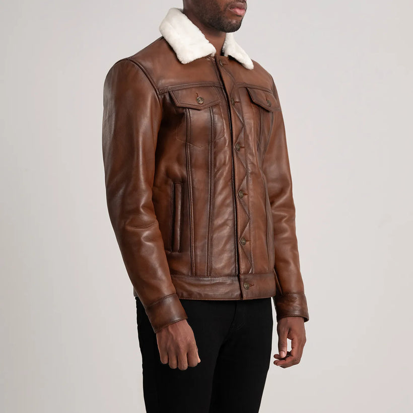 Dallis Braun Leather Shearling Trucker Lederjacke für Herren