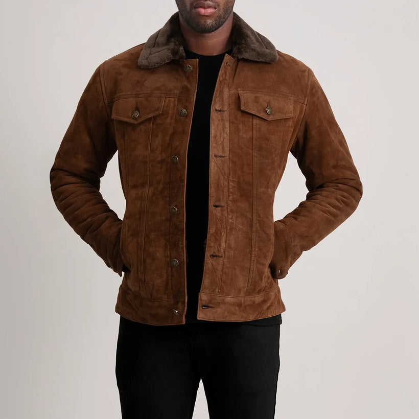 Dallis Braun Suede Shearling Trucker Lederjacke für Herren