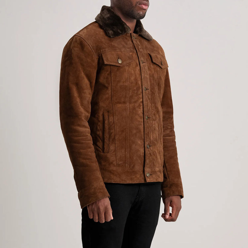 Dallis Braun Suede Shearling Trucker Lederjacke für Herren