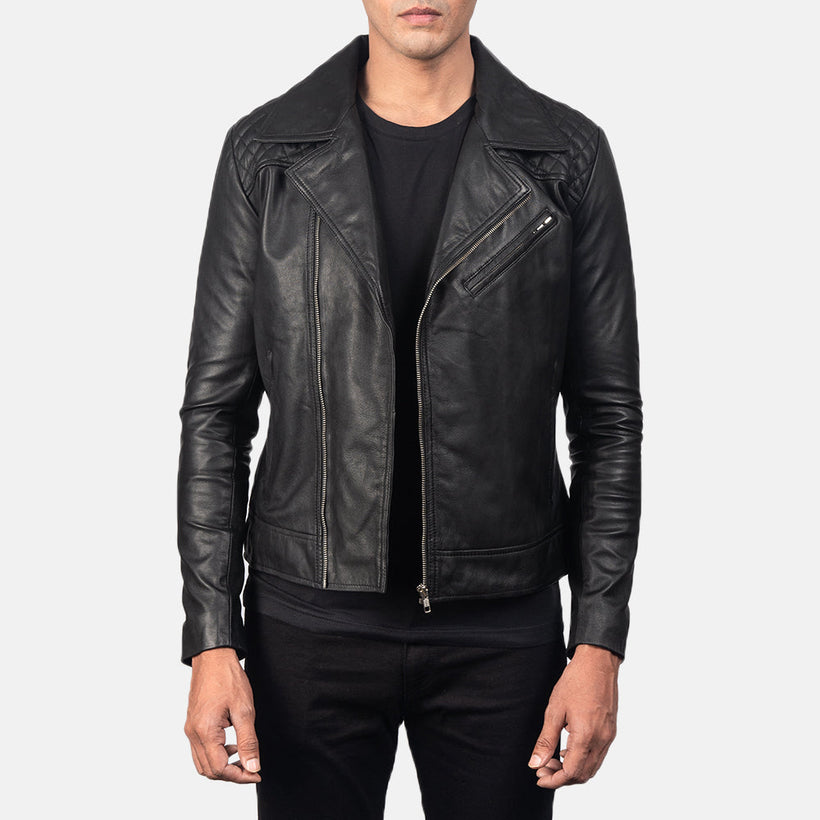 Men's Danny Quilted Brown Leather Biker Jacket in Distressed Brown Goatskin Leather - Front Profile View & Tailored Silhouette | Buy Online