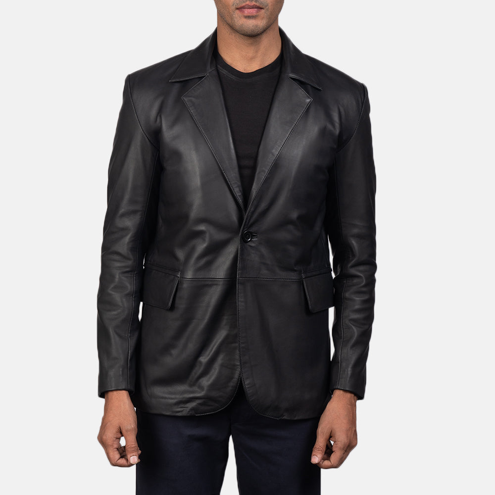 Men's Daron Schwarz Lederblazer für Herren in Black Sheepskin Leather - Vorderansicht &amp; maßgeschneiderte Silhouette | Online Kaufen