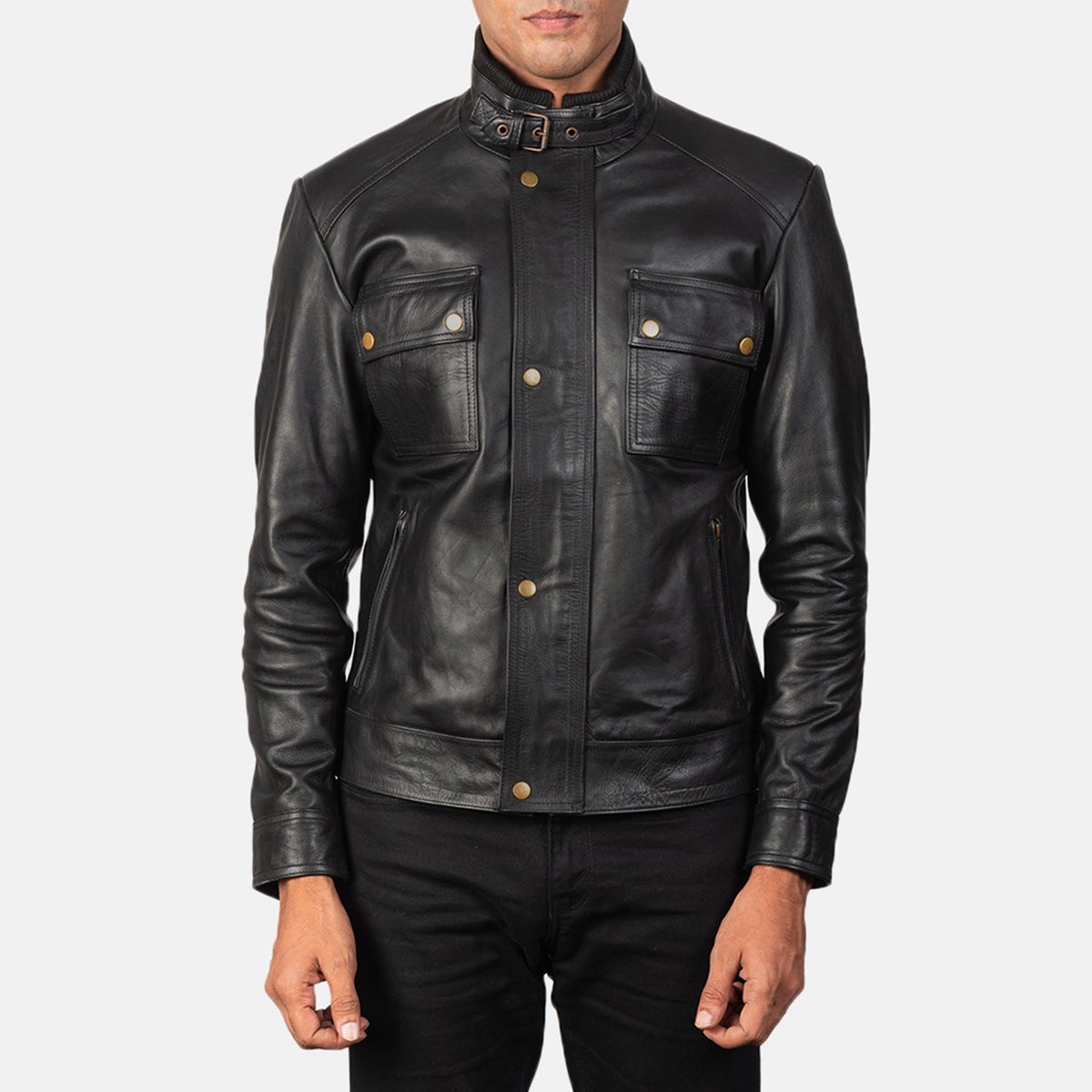 Men's Darren Black Leather Biker Jacket in Black 100% Full-Grain Leather - Vorderansicht &amp; maßgeschneiderte Silhouette | Online Kaufen