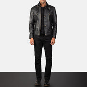 Detailansicht of Classic Collar &amp; Heavy-Duty Zipper Hardware on Men's Darren Black Leather Biker Jacket