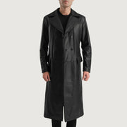 Delmar Black Leather Double Breasted Coat in Black Cowhide Leather - Vorderansicht &amp; maßgeschneiderte Silhouette | Online Kaufen