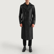 Delmar Black Leather Double Breasted Coat - Seitenansicht mit ergonomischem Ärmelschnitt