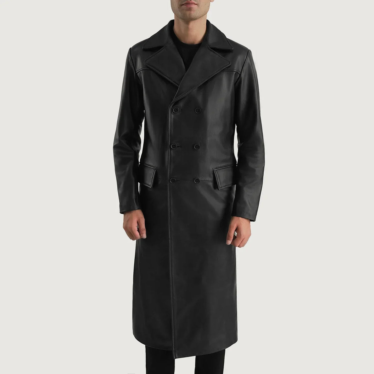 Detailansicht of Notch &amp; Button Hardware on Delmar Black Leather Double Breasted Coat