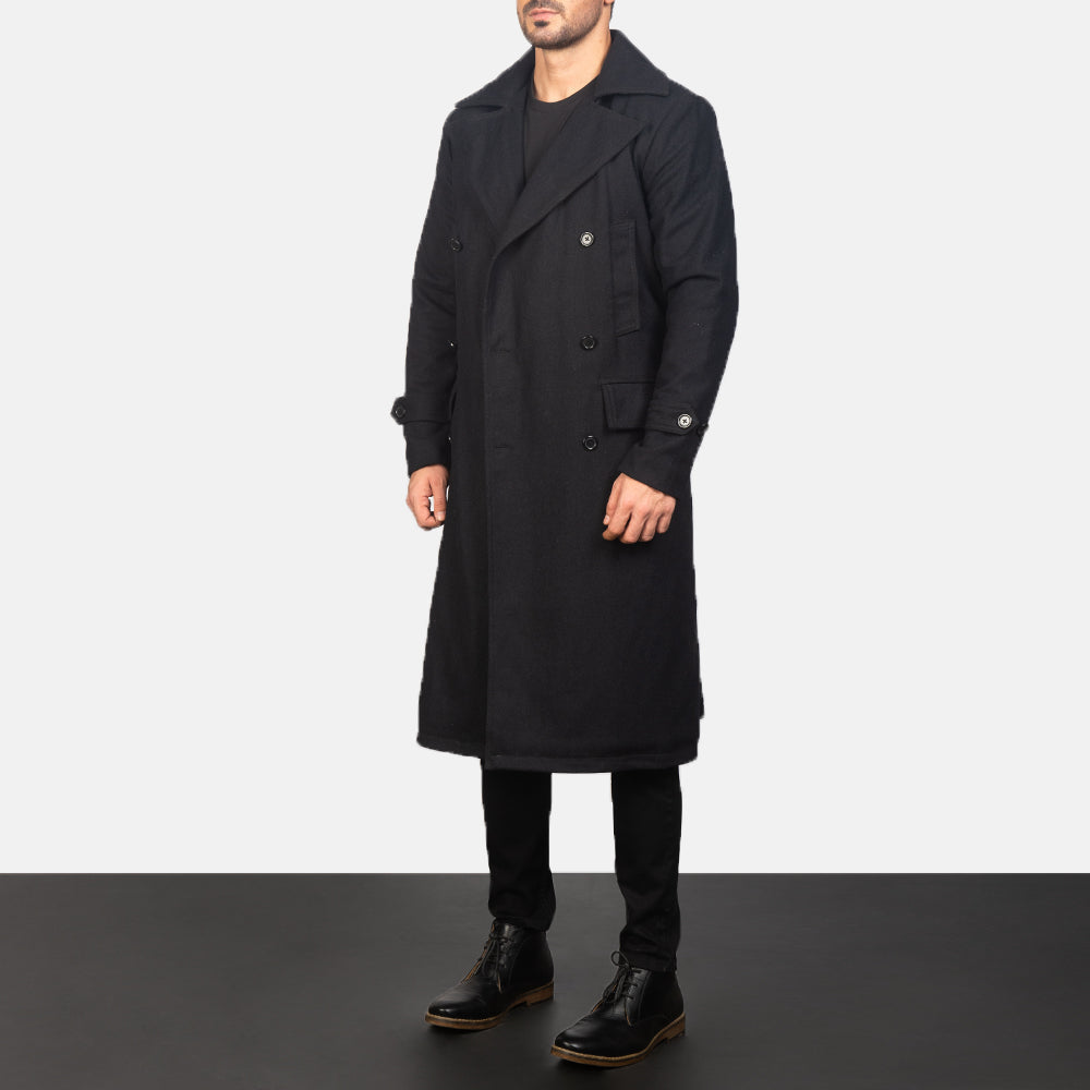 Black Synthetic Wool Trench Coat - Rückansicht mit passgenauen Schultern &amp; sauberem Saum