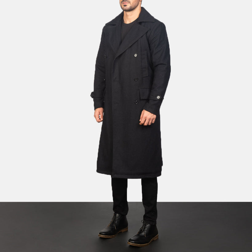 Detective Schwarz Wool Ledermantel für Herren