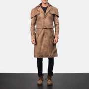 Detailansicht of Classic Collar &amp; Buttons + Belt Hardware on Men's Deux Braun Leather Duster für Herren
