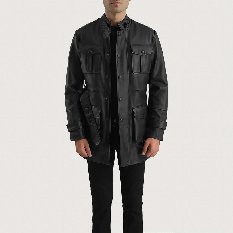 Dolf Black Leather Jacket in Black Cowhide Leather - Front Profile View & Tailored Silhouette | Buy Online