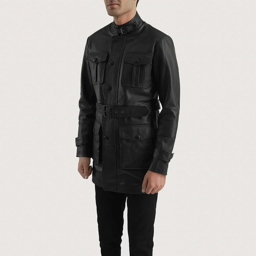 Black Cowhide leather Coat - Back View Showing Tailored Shoulder Fit & Clean Hemline