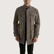 Dolf Grau Wildlederjacke für Herren in Grey Cowhide Suede - Vorderansicht &amp; maßgeschneiderte Silhouette | Online Kaufen