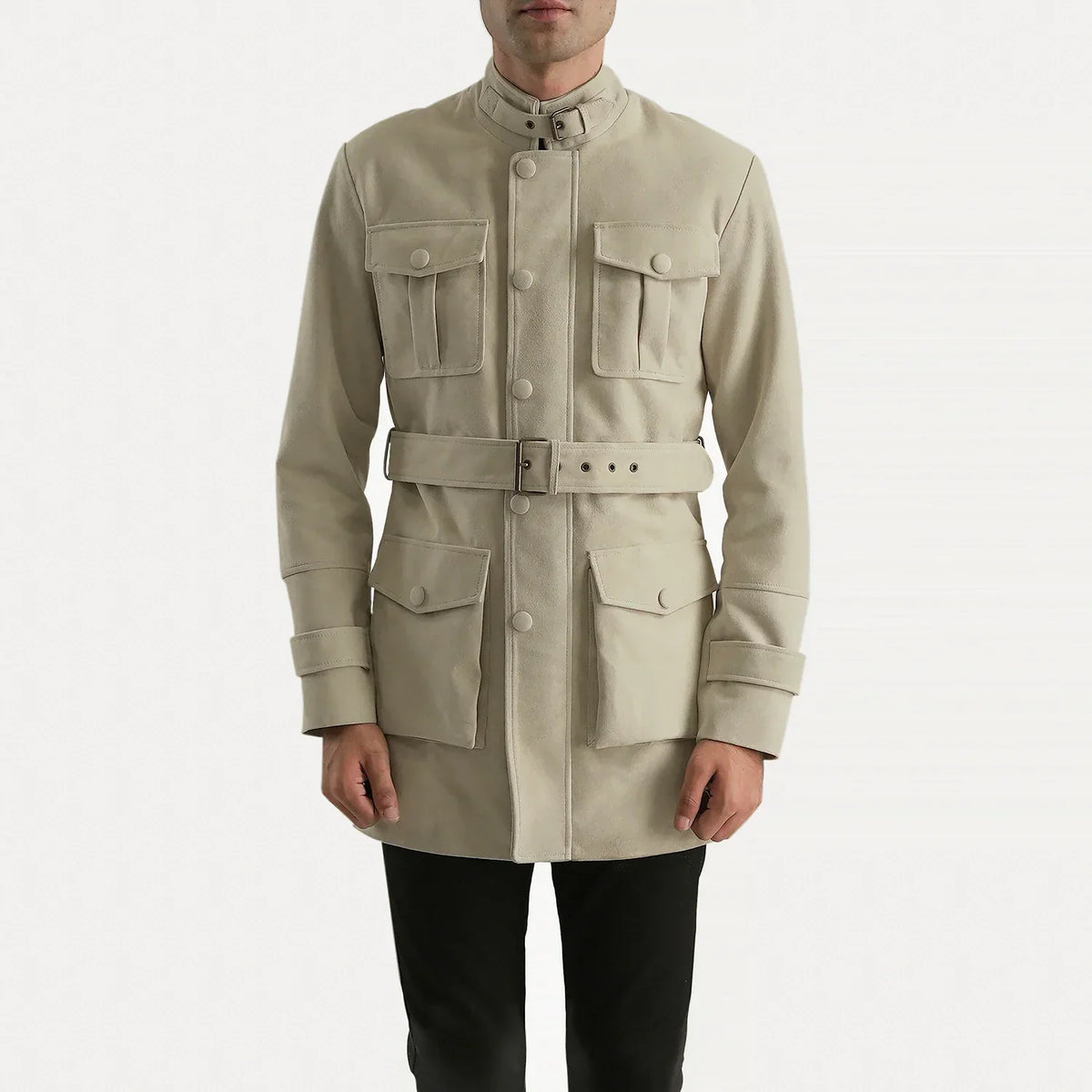 Dolf Off-Weiß Wildlederjacke für Herren in Off-White Cowhide Suede - Vorderansicht &amp; maßgeschneiderte Silhouette | Online Kaufen