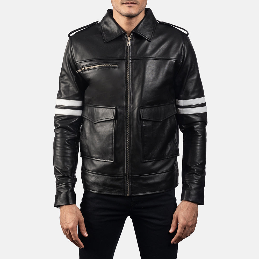 Dragonhide Schwarz Lederjacke für Herren in Black Sheepskin Leather - Vorderansicht &amp; maßgeschneiderte Silhouette | Online Kaufen