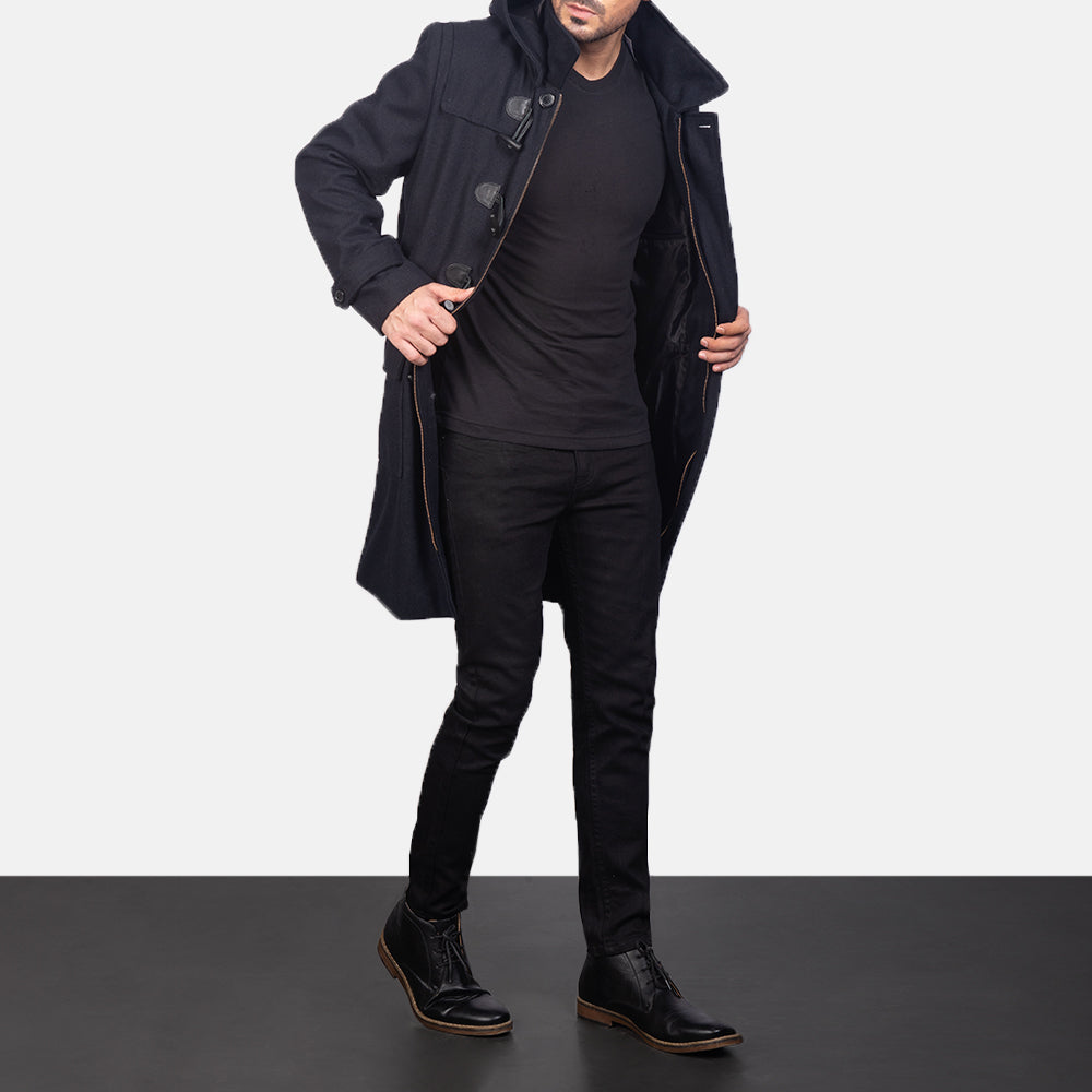 Men's Drake Black Wool Duffle Coat in Black Synthetic Wool - Vorderansicht &amp; maßgeschneiderte Silhouette | Online Kaufen