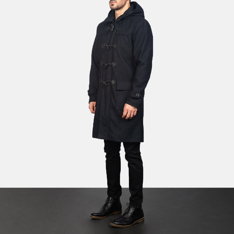 Drake Schwarz Wool Hooded Duffle Ledermantel für Herren