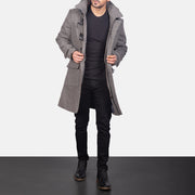 Men's Grey Wool Duffle Coat in Grey Synthetic Wool - Vorderansicht &amp; maßgeschneiderte Silhouette | Online Kaufen
