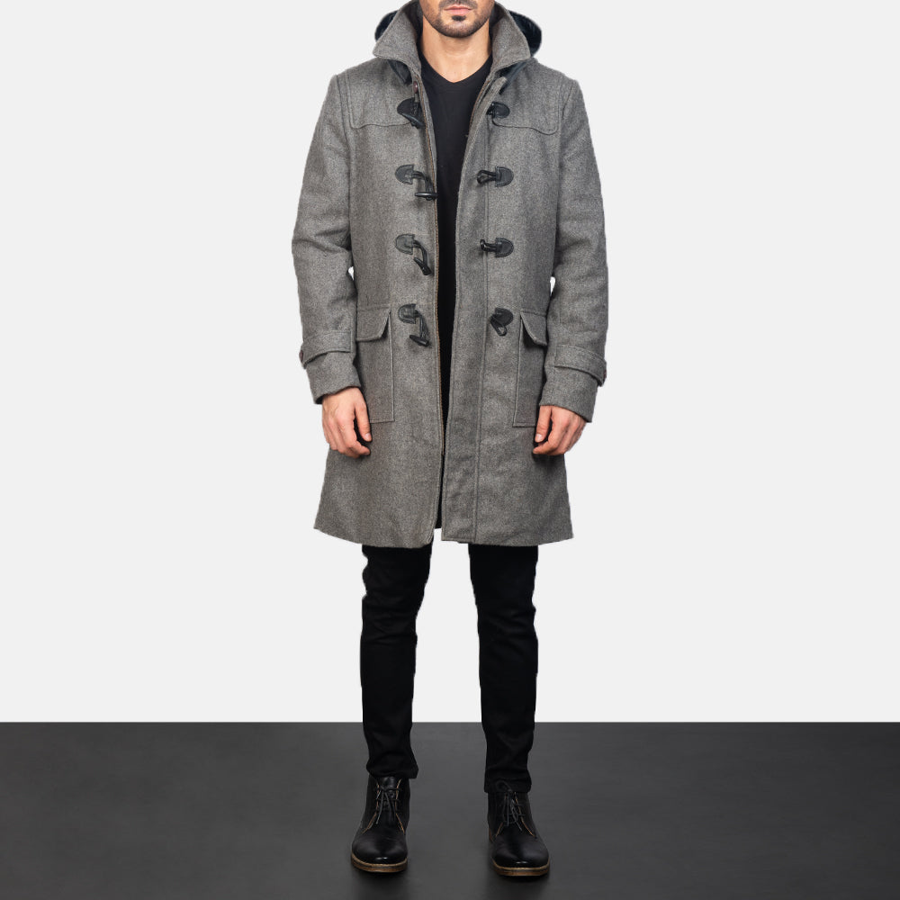 Detailansicht of Shirt with Removable Hood &amp; Toggle Buttons with Placket &amp; Zipper Hardware on Men's Grey Wool Duffle Coat