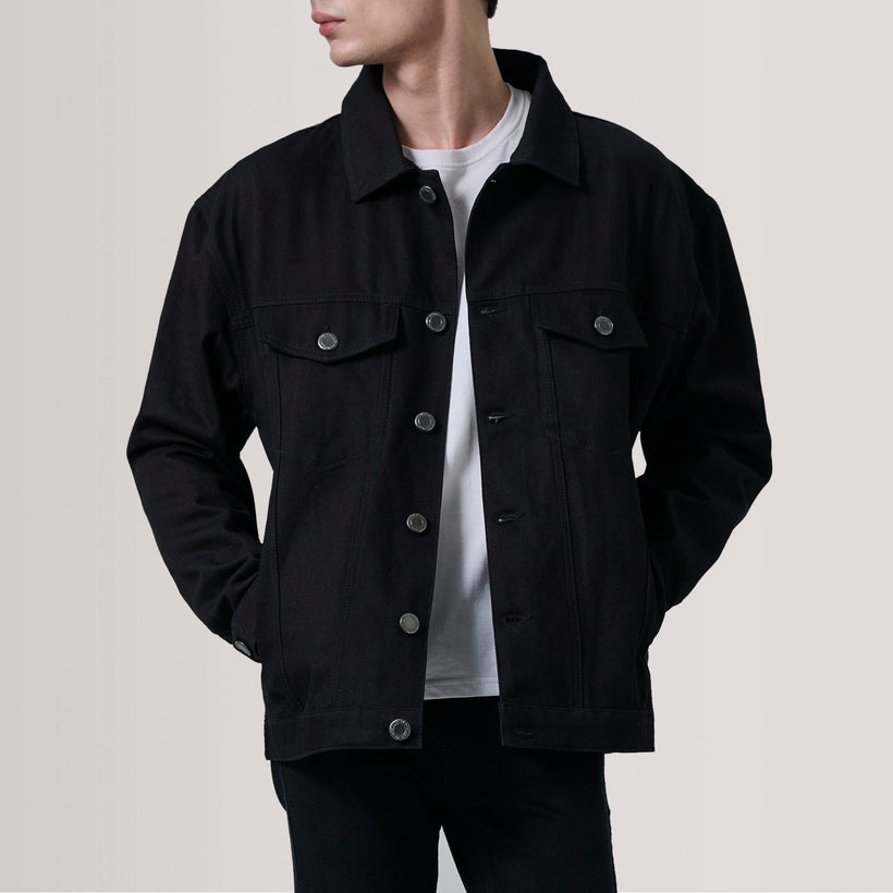 Eddie Schwarz Oversized Denim Trucker Lederjacke für Herren