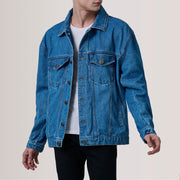 Eddie Dark Blau Oversized Denim Trucker Lederjacke für Herren For Men in Dark Blue Full-Grain Leather - Vorderansicht &amp; maßgeschneiderte Silhouette | Online Kaufen
