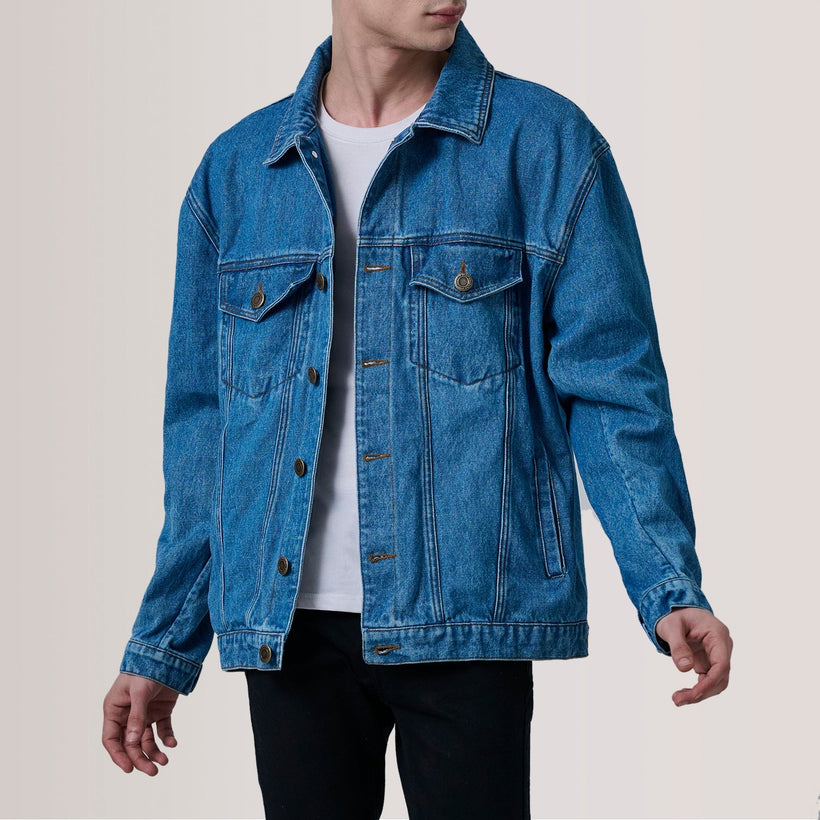Eddie Dark Blau Oversized Denim Trucker Lederjacke für Herren