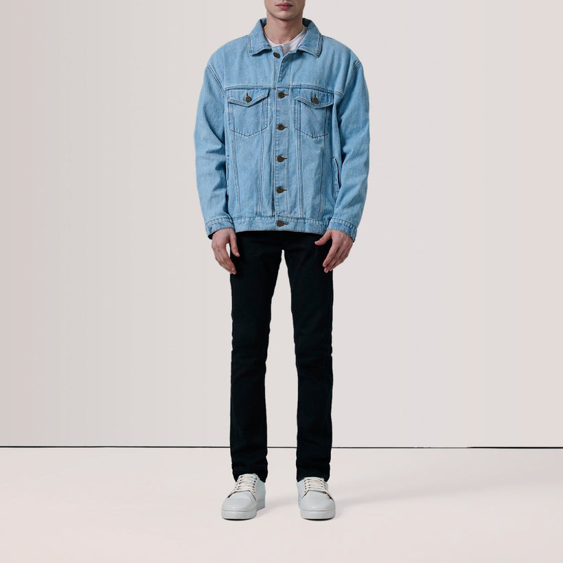 Eddie Light Blau Oversized Denim Trucker Lederjacke für Herren