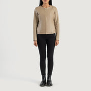 Elixir Beige Collarless Leather Jacket - Seitenansicht mit ergonomischem Ärmelschnitt