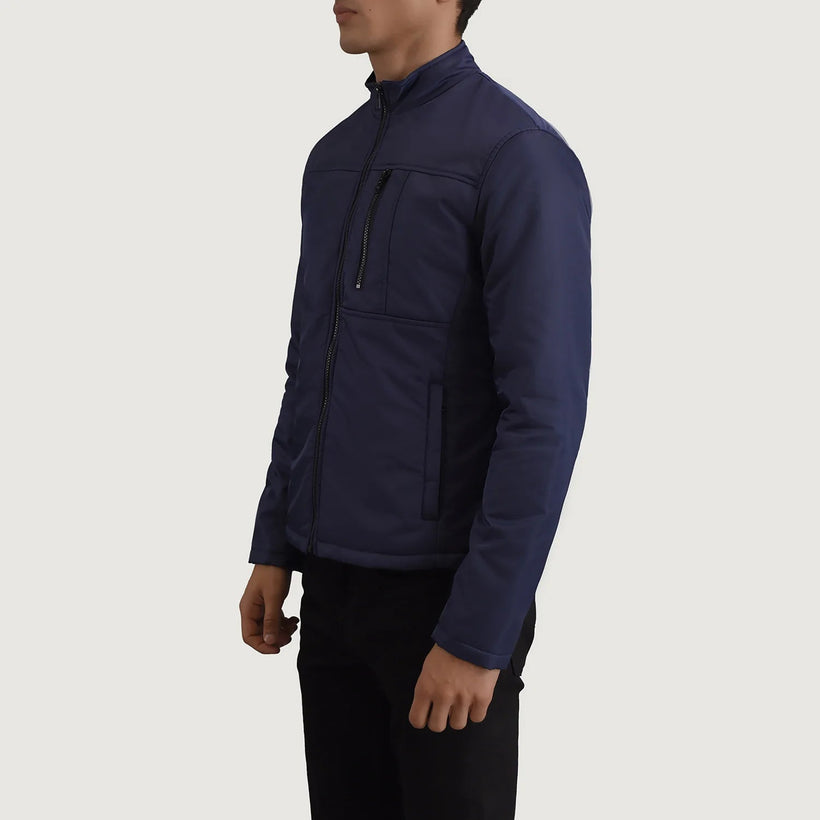 Blue Full-Grain Leather Winter Jacket - Back View Showing Tailored Shoulder Fit & Clean Hemline
