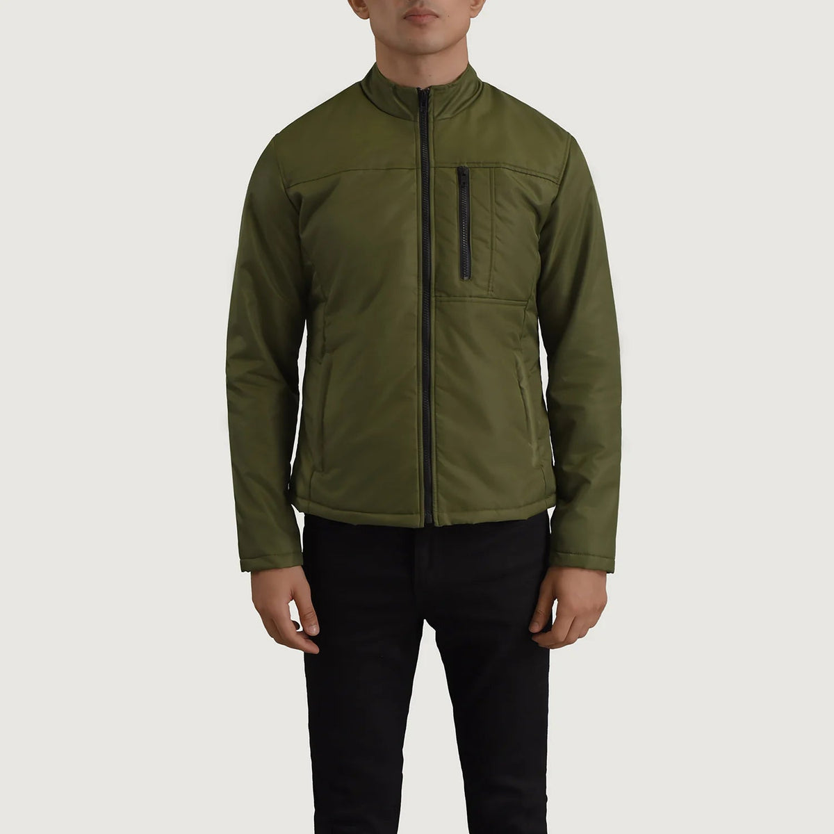Detailansicht of Classic Collar &amp; Zipper Hardware on Elliot Grün Lightweight Lederjacke für Herren