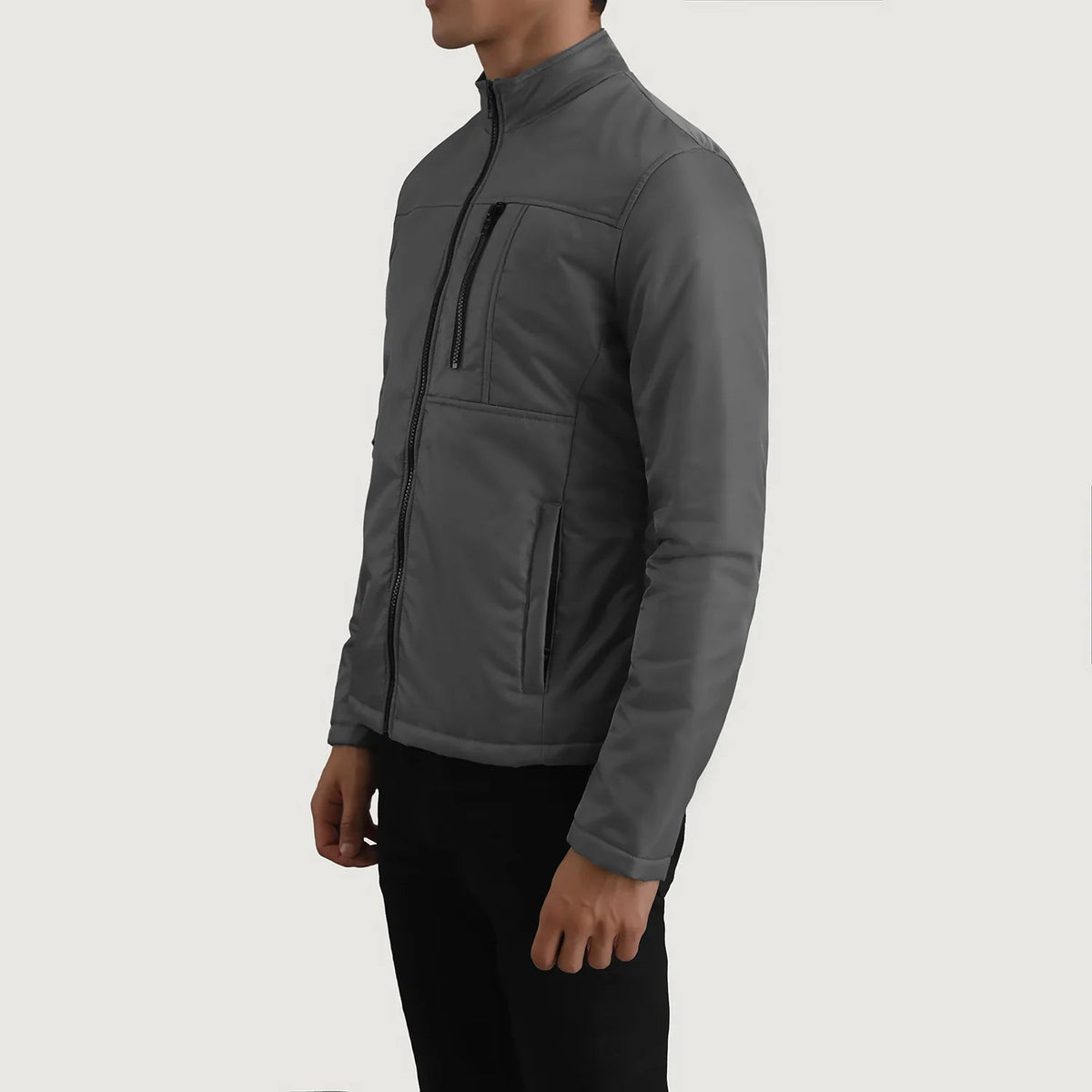 Grey Full-Grain Leather Winter Jacket - Rückansicht mit passgenauen Schultern &amp; sauberem Saum