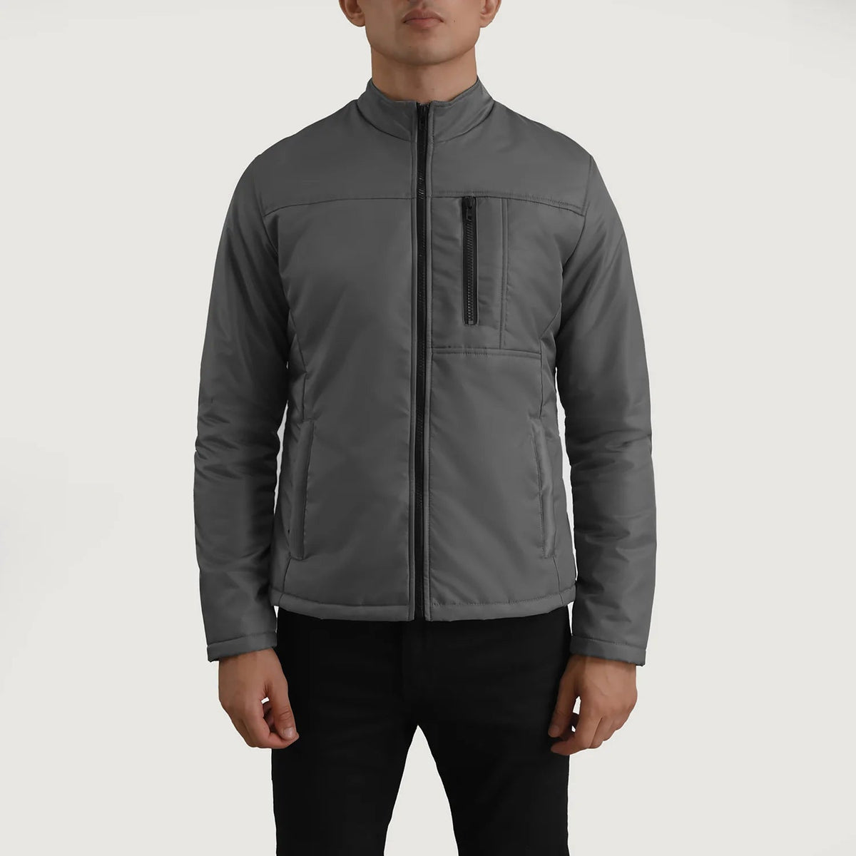 Detailansicht of Classic Collar &amp; Zipper Hardware on Elliot Grau Lightweight Lederjacke für Herren