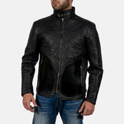 Equilibrium Schwarz Lederjacke für Herren in Black Sheepskin Leather - Vorderansicht &amp; maßgeschneiderte Silhouette | Online Kaufen
