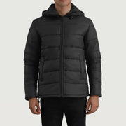 
Erico Schwarz Hooded Puffer Lederjacke für Herren - Vorderansicht & maßgeschneiderte Silhouette | Online Kaufen