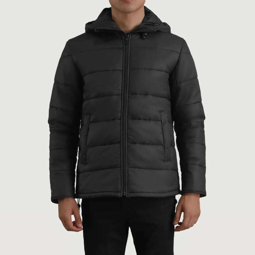 Erico Schwarz Hooded Puffer Lederjacke für Herren