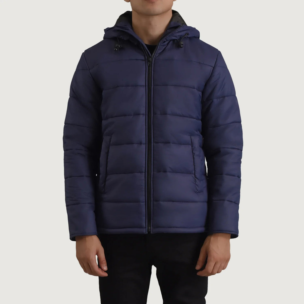 Erico Blau Hooded Puffer Lederjacke für Herren in Blue Full-Grain Leather - Vorderansicht &amp; maßgeschneiderte Silhouette | Online Kaufen