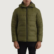
Erico Grün Hooded Puffer Lederjacke für Herren in Green Full-Grain Leather - Vorderansicht & maßgeschneiderte Silhouette | Online Kaufen