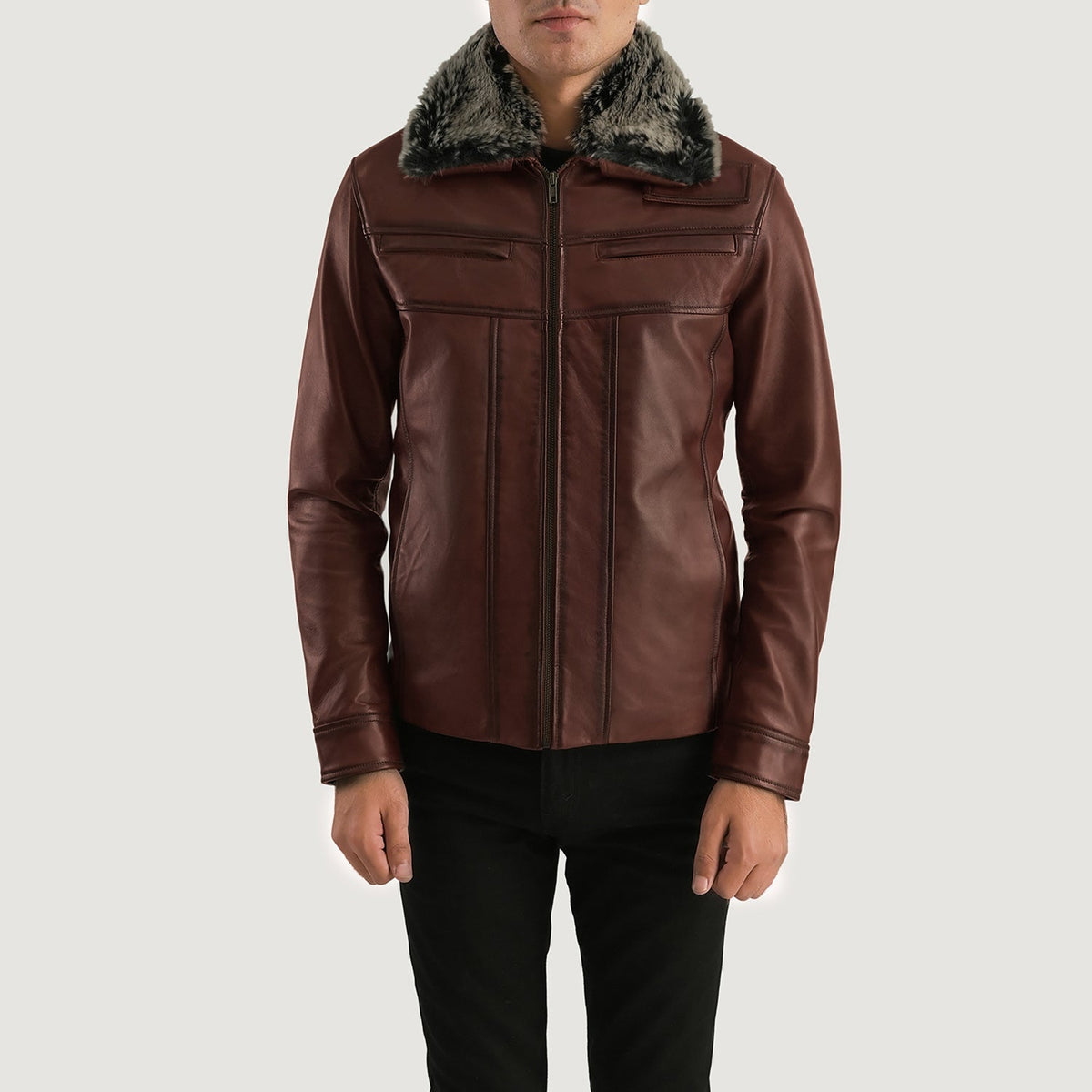 
Evan Hart Fur Braun Lederjacke für Herren in Distressed Brown Sheepskin Burnishing - Vorderansicht & maßgeschneiderte Silhouette | Online Kaufen