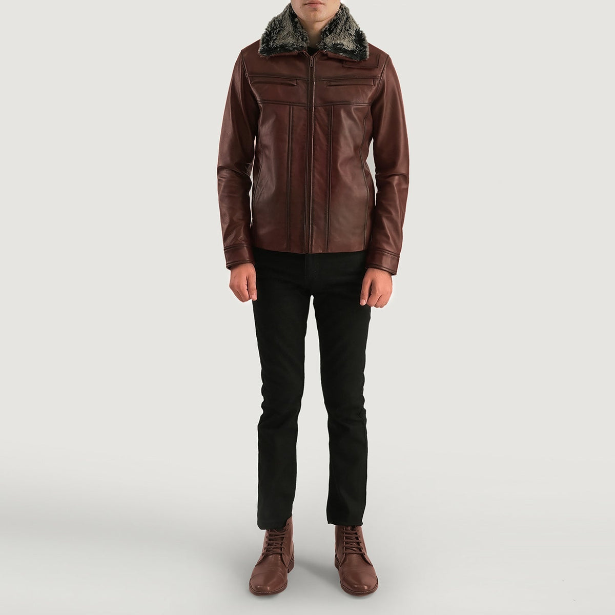 
Detailansicht von Kragen & Reißverschluss an Evan Hart Fur Braun Lederjacke für Herren